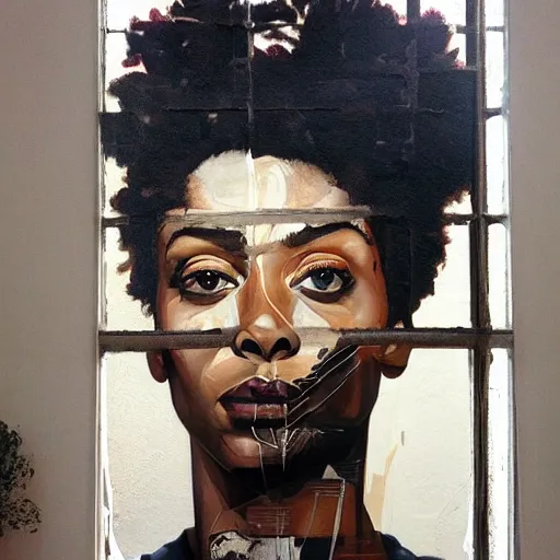 Image similar to by sandra chevrier chestnut, slate grey hyperdetailed. a installation art of a handsome 2 1 savage seated at a window, looking out at the viewer with a serene expression on her face. the light from the window illuminates her features & creates a warm, inviting atmosphere. the essence of beauty & tranquility.