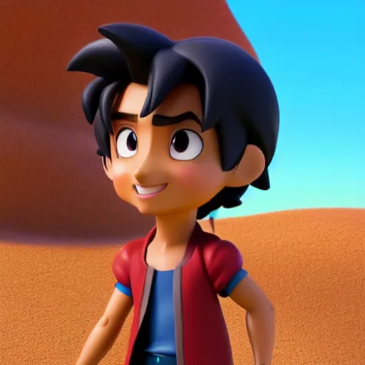 Image similar to profile view of young aladdin as nendoroid walking in a desert in the croods movie style, anime, disney, pixar, 8 k, hd, dof, kodak film, volumetric lighting, subsurface scattering, photorealistic, octane render, details