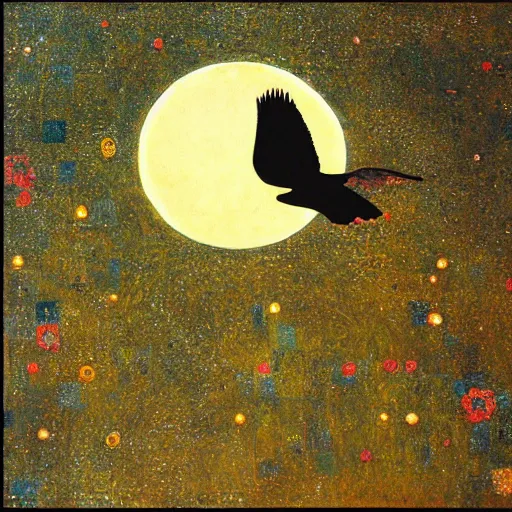 Image similar to a painting of a bird flying in front of a full moon in style of klimt