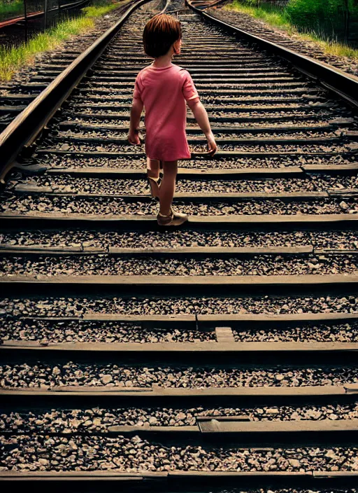 Image similar to young friends walking on train tracks on a sunny day, 1 9 8 0 s, moody cinematic photo, friendship, good feeling, hyper real, octane render, 8 k, photorealism