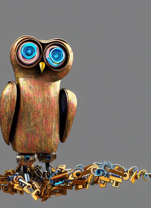 Image similar to colored pencil and pen drawing of an animatronic robot owl, bird made from rusty old keys and padlocks, space background, 8 k photorender realityengine