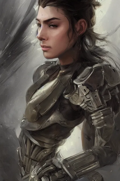 Image similar to a finely detailed portrait of an attractive young woman, clothed in military armor, olive skin, long dark hair, beautiful bone structure, symmetrical facial features, intricate, elegant, digital painting, trending on Artstation, concept art, smooth, sharp focus, illustration, from Metal Gear by Ruan Jia and Mandy Jurgens and Artgerm and William-Adolphe Bouguerea, award winning