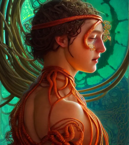 Image similar to portrait of teenage medusa, snake hair, naughty smile, wearing an embroidered orange tunic, intricate, sensual, sultry, elegant, copper and emerald jewelry, glowing lights, seductive, highly detailed, digital painting, artstation, concept art, smooth, sharp focus, illustration, art by wlop, mucha, artgerm, and greg rutkowski