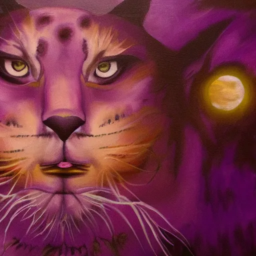 Image similar to closeup of a purple panther roaring at the moon in the forest. night. large moon in the center. cinematic. oil painting. concept art.