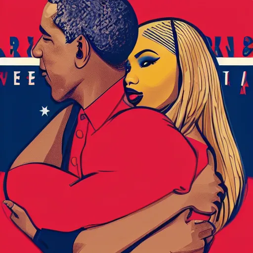 Image similar to nicki minaj hugged by barack obama from behind, soviet colored propaganda poster, highly detailed illustration