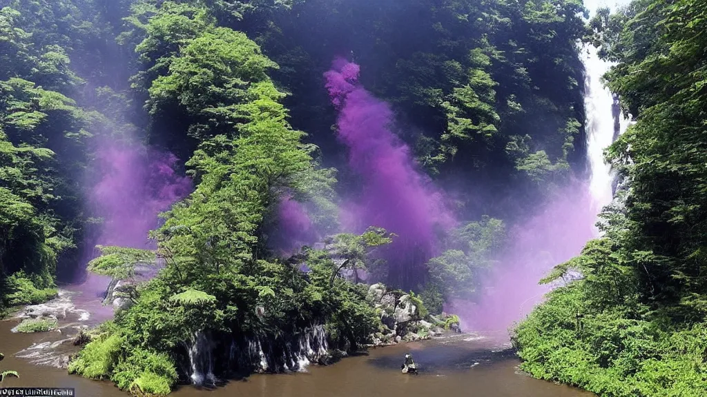 Prompt: the incense burner in the sun produces purple smoke, and the waterfall hangs on the front river ， the current flowed down three thousand feet, and it was suspected that the milky way had fallen for nine days