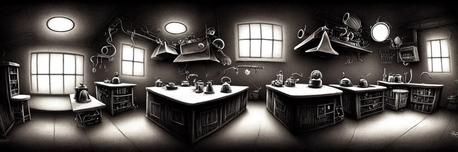 Prompt: dark smoke emo black, fisheye, naive, extra narrow, detailed illustration of an unlit kitchen, large floor, octopus shaped by rhads from lorax movie