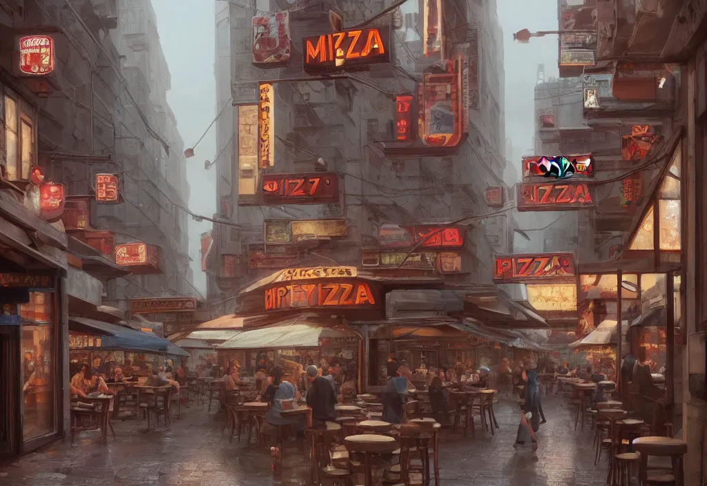 Image similar to A highly detailed matte painting of an Italian pizzeria in new york, streetscene, by Studio Ghibli, Makoto Shinkai, by Artgerm, by WLOP, by Greg Rutkowski, volumetric lighting, cyberpunk, octane render, 4K resolution, trending on artstation, masterpiece