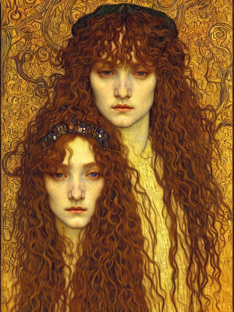 Image similar to detailed realistic beautiful young medieval queen face portrait by jean delville, gustav klimt and vincent van gogh, art nouveau, symbolist, visionary, gothic, pre - raphaelite, muted earthy colors, desaturated