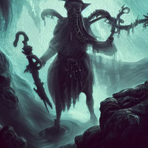 Image similar to photo of a ghostly pirate, head and torso, standing in a grotto, holding a sword, intricate, elegant, highly detailed, lovecraft, digital painting, artstation, concept art, smooth, sharp focus uhd 8 k, dark, atmospheric by richard corbin