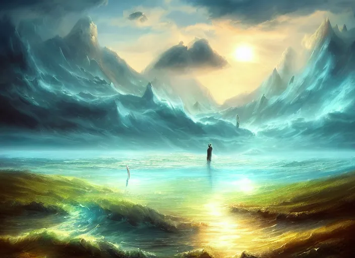 Image similar to epic fantasy landscape, drowning in the water, beautiful sky by Cyril Aquasixio Rolando, Cyril Rolando,