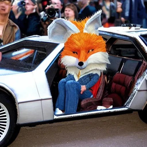 Prompt: a man dressed as a fox, hetailed head, detailed face, in a delorean from the movie back to the future