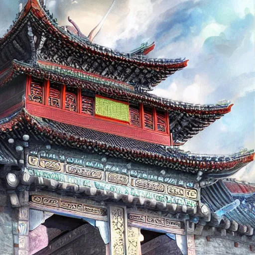 Image similar to dynamic composition, motion, ultra-detailed, incredibly detailed, a lot of details, amazing fine details and brush strokes, colorful and grayish palette, smooth, HD semirealistic anime CG concept art digital painting, watercolor oil painting of epic castle gate, from Three Kingdoms, by a Chinese artist at ArtStation, by Huang Guangjian, Fenghua Zhong, Ruan Jia, Xin Jin and Wei Chang. Realistic artwork of a Chinese videogame, gradients, gentle an harmonic grayish colors.