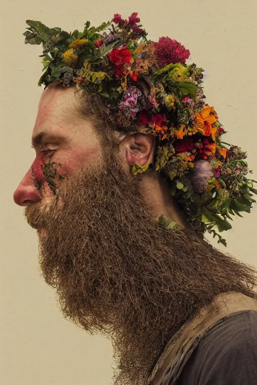 Prompt: a man's face in profile, long beard, made of flowers and fruit, in the style of the Dutch masters and Gregory crewdson, dark and moody