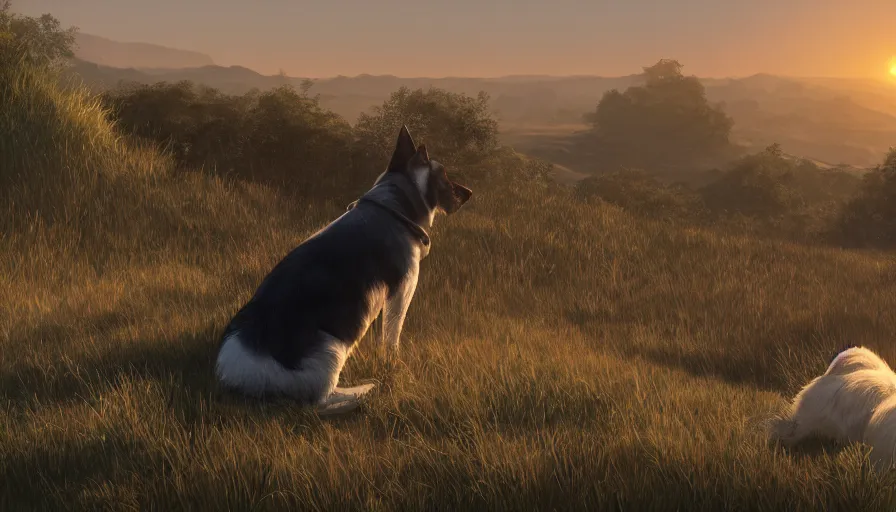 Prompt: back view of dog watching the sun sitting on the hill, hyperdetailed, artstation, cgsociety, 8 k