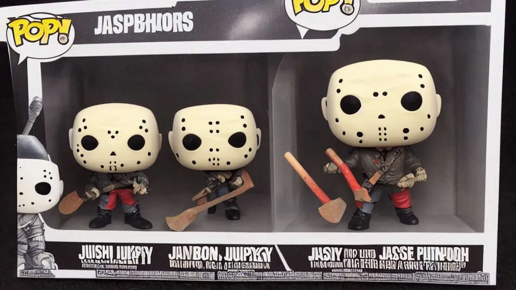 Prompt: a Funko Pop Collectible of Jason Voorhees. Wearing hockey mask, holding axe.