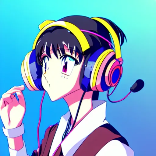 Image similar to An anime character's head wearing retro headphones. 90s anime, Sailor Moon, Neon Genesis, official art, flat cell shading, fantastic screenshot art, trending on artstation, muted nostalgic colors