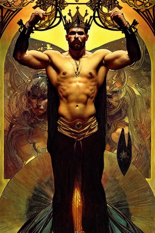 Image similar to a god wearing dark clothes and golden crown, muscular, tarot art, painting by greg rutkowski and alphonse mucha