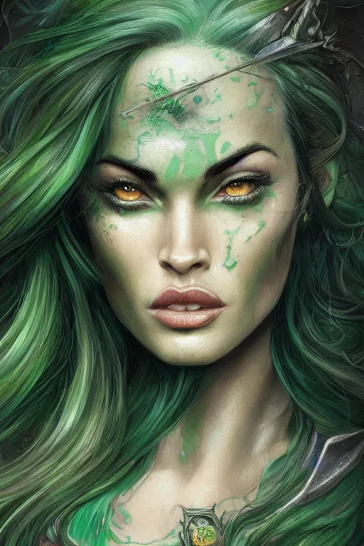 Image similar to closeup portrait shot of green hair tattooed pinup megan fox, rogue bard, dnd, highly detailed, digital painting, artstation, concept art, soft focus, depth of field, artgerm, tomasz alen kopera, peter mohrbacher, donato giancola, wlop, boris vallejo