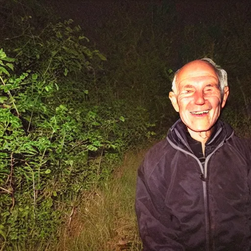 Image similar to a smiling old man spotted on a trail cam at night