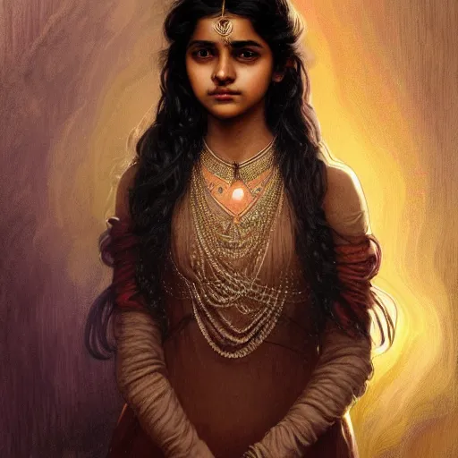 Image similar to portrait of a british-indian teenage girl with wavy black hair, desi girl with dark brown skin, glowing skin, fantasy, intricate, elegant, dress shirt, highly detailed, digital painting, artstation, concept art, smooth, sharp focus, illustration, art by Krenz Cushart and Artem Demura and alphonse mucha