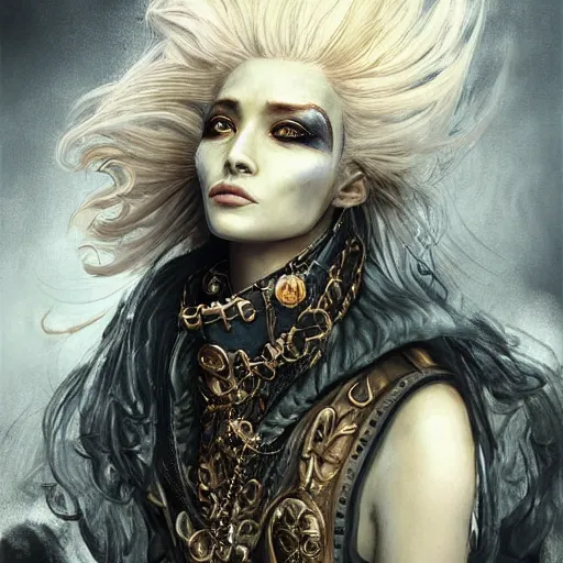 Image similar to portrait, headshot, insanely nice hair style, dramatic hair color, digital painting, of a old 17th century, old cyborg merchant, amber jewels, baroque, ornate clothing, scifi, realistic, hyperdetailed, chiaroscuro, concept art, art by Franz Hals and Jon Foster and Ayami Kojima and Amano and Karol Bak,