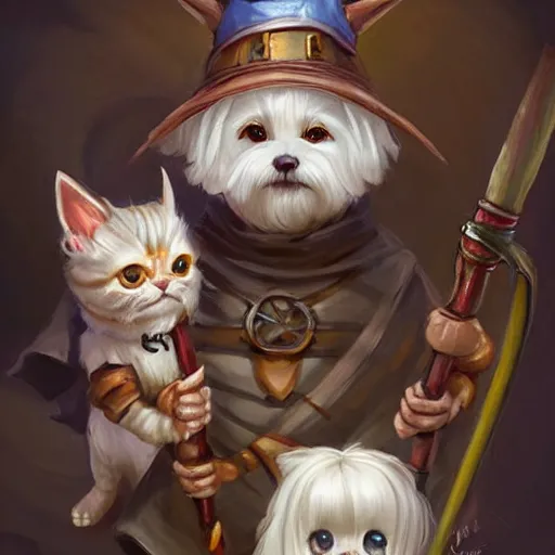 Prompt: cute little anthropomorphic one Maltese Terrier and one tabby cat, wielding a magic staff, tiny, small, short, Wizard robe, cute and adorable, pretty, beautiful, DnD character art portrait, matte fantasy painting, DeviantArt Artstation, by Jason Felix by Steve Argyle by Tyler Jacobson by Peter Mohrbacher, cinema