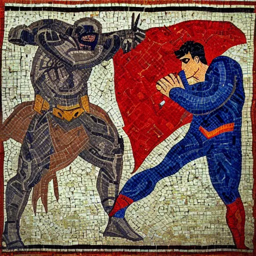 Prompt: beautiful roman mosaic of batman vs superman, rome, 1 0 0 ad