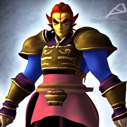 Prompt: Ganondorf from ocarina of time in final fantasy 7 style, 3d, old graphic, ps1 style