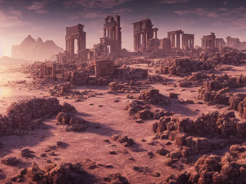 Prompt: desert scattered with ruins of ancient cities，scarlet sea in the distance, a lonely swordsmen walking by the sea, hdr, ue5, unreal engine 5, cinematic 4k wallpaper, ultra detailed, high resolution, Pixiv, award winning.