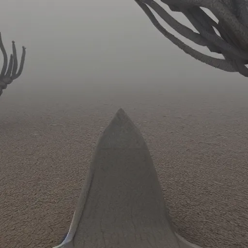 Image similar to Creepy long creature standing in a foggy weather in a desert world full of pyramids, award winning, trending on artstation, unreal engine