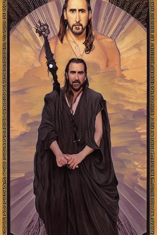 Prompt: a dramatic ethereal epic painting of nicolas cage as qui-gon jinn | tarot card, art deco, art nouveau, realistic | detailed face, cinematic lighting | by Dresden Codak, by Mark Maggiori and Alphonse Mucha | trending on artstation