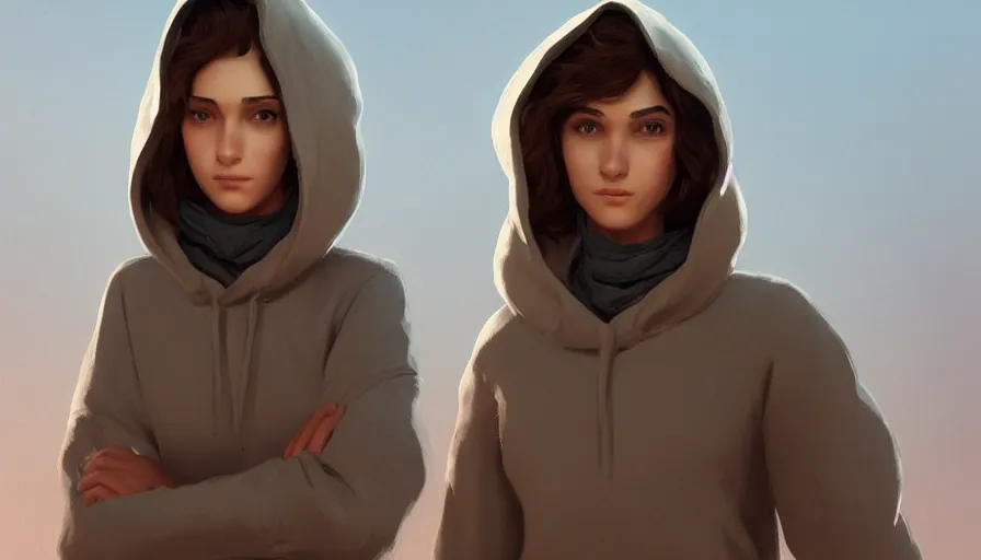 Image similar to shy, short brown hair arab hispanic young woman, beige hoodie, by caspar david friedrich by james gilleard and justin gerard, artstation, smooth, sharp focus, by jean baptiste, octane render