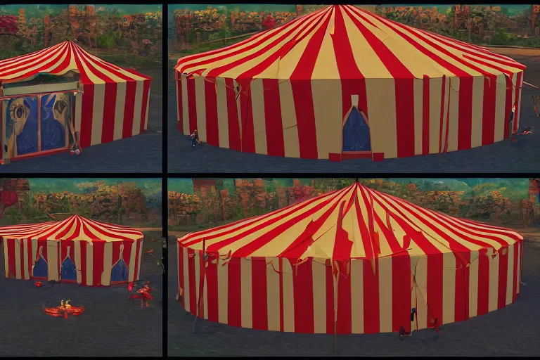 Image similar to 3d sculpt of a huge circus tent, artstaton, League of Legends, red dead redemption2, overwatch, digital illustration