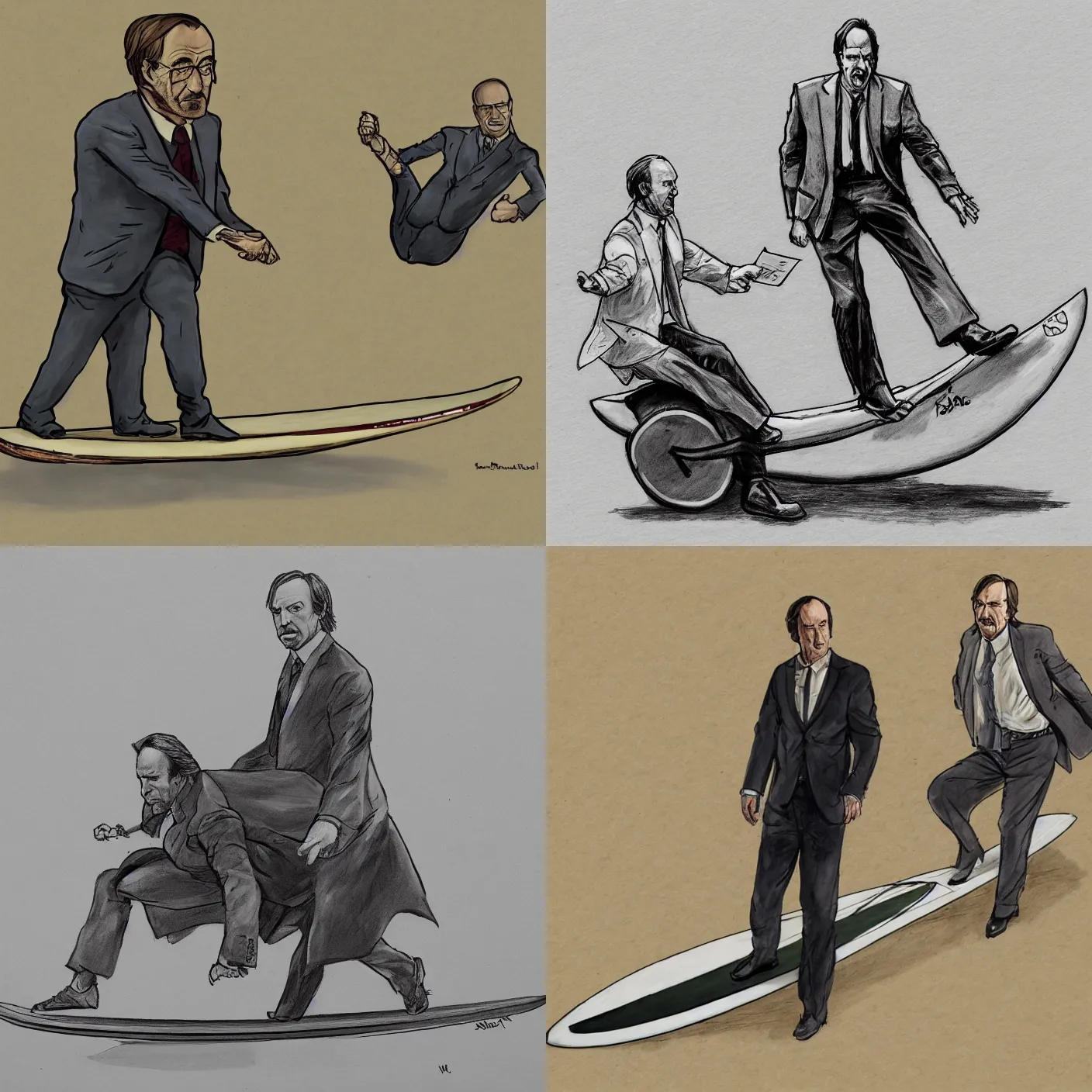 Prompt: saul goodman presenting a court sketch of walter white riding a gigantic! surfboard, hd scan