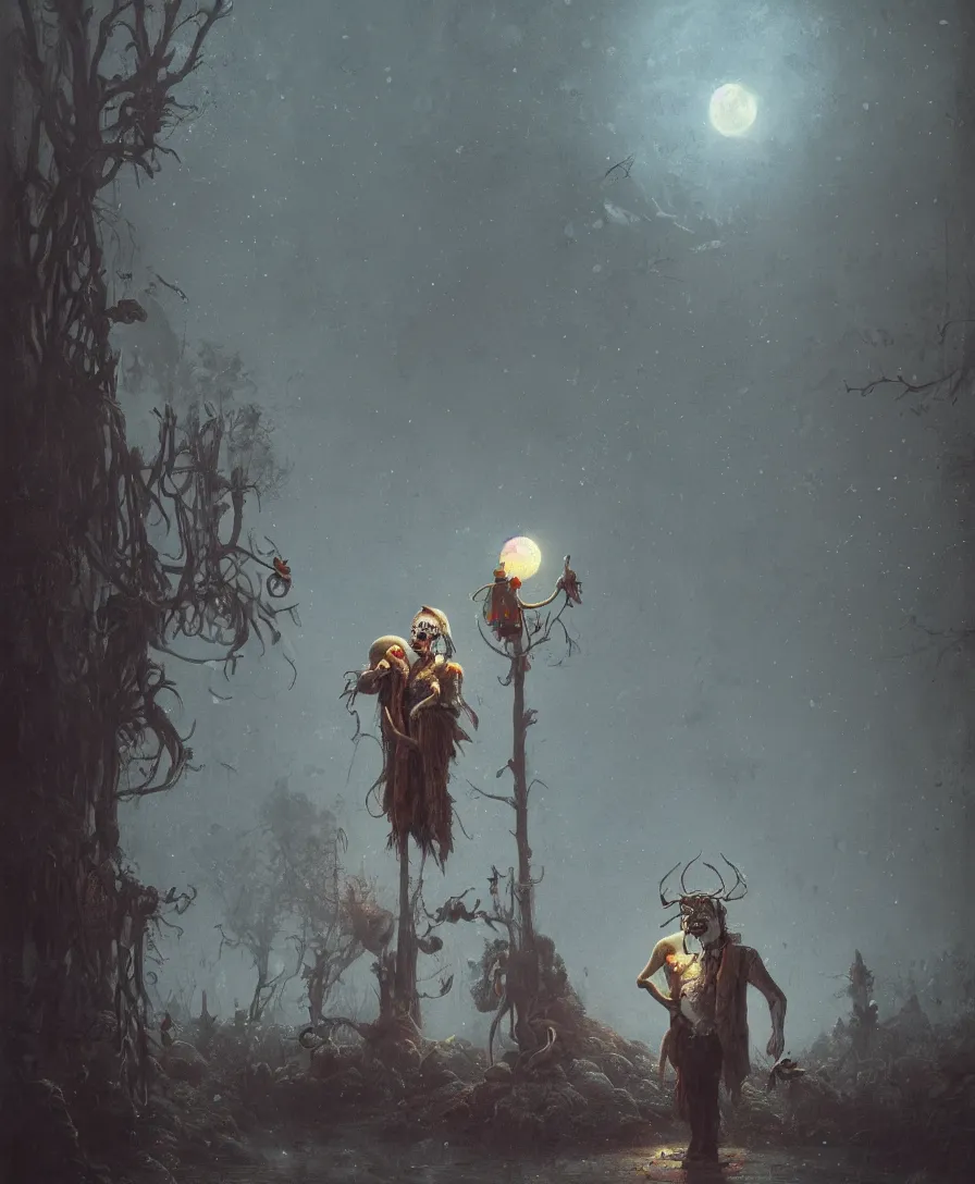 Prompt: sad skull clown, raining, full moon, illustrated by Simon Stålenhag and Gaston Bussiere, beautiful volumetric lighting style atmosphere, intricate, ultra detailed, photorealistic, trending on artstation, 4k, 8k