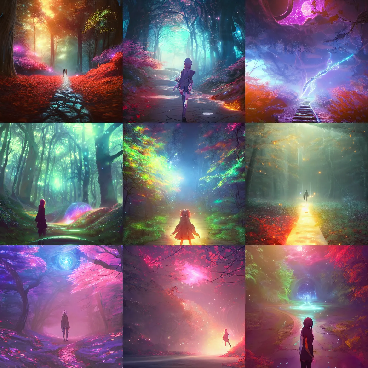 Image similar to twisted pathways magical cosmic path in the middle of a universe, anime inspired, hyper realistic, dramatic lighting, glowing leaves, 8k hdr pixiv dslr photo by Makoto Shinkai ilya kuvshinov and Wojtek Fus, digital art, concept art