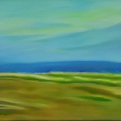 Prompt: a grassy hill by a beach, layered oil on canvas