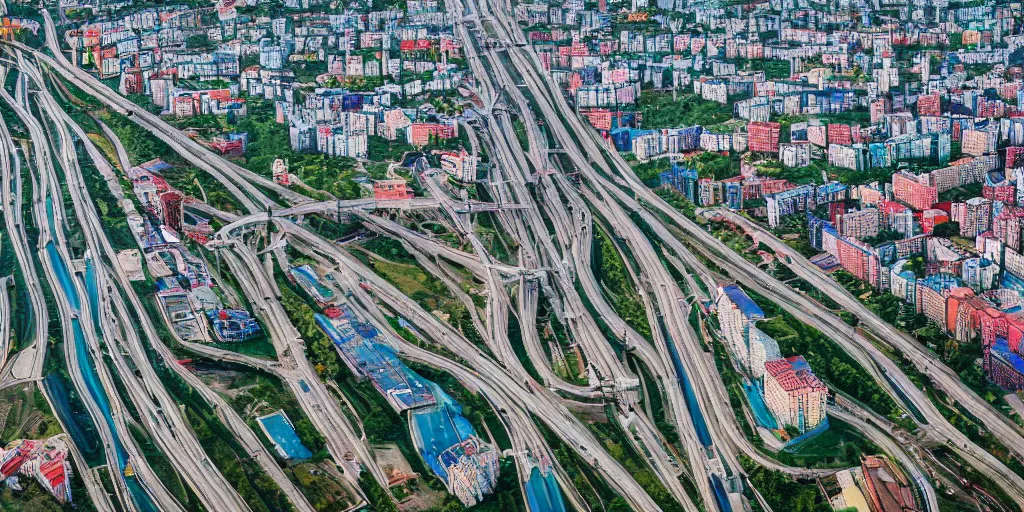 Prompt: bird's eye view photograph of a low income highrise Russian city, apartments, train station, pond, wide roads