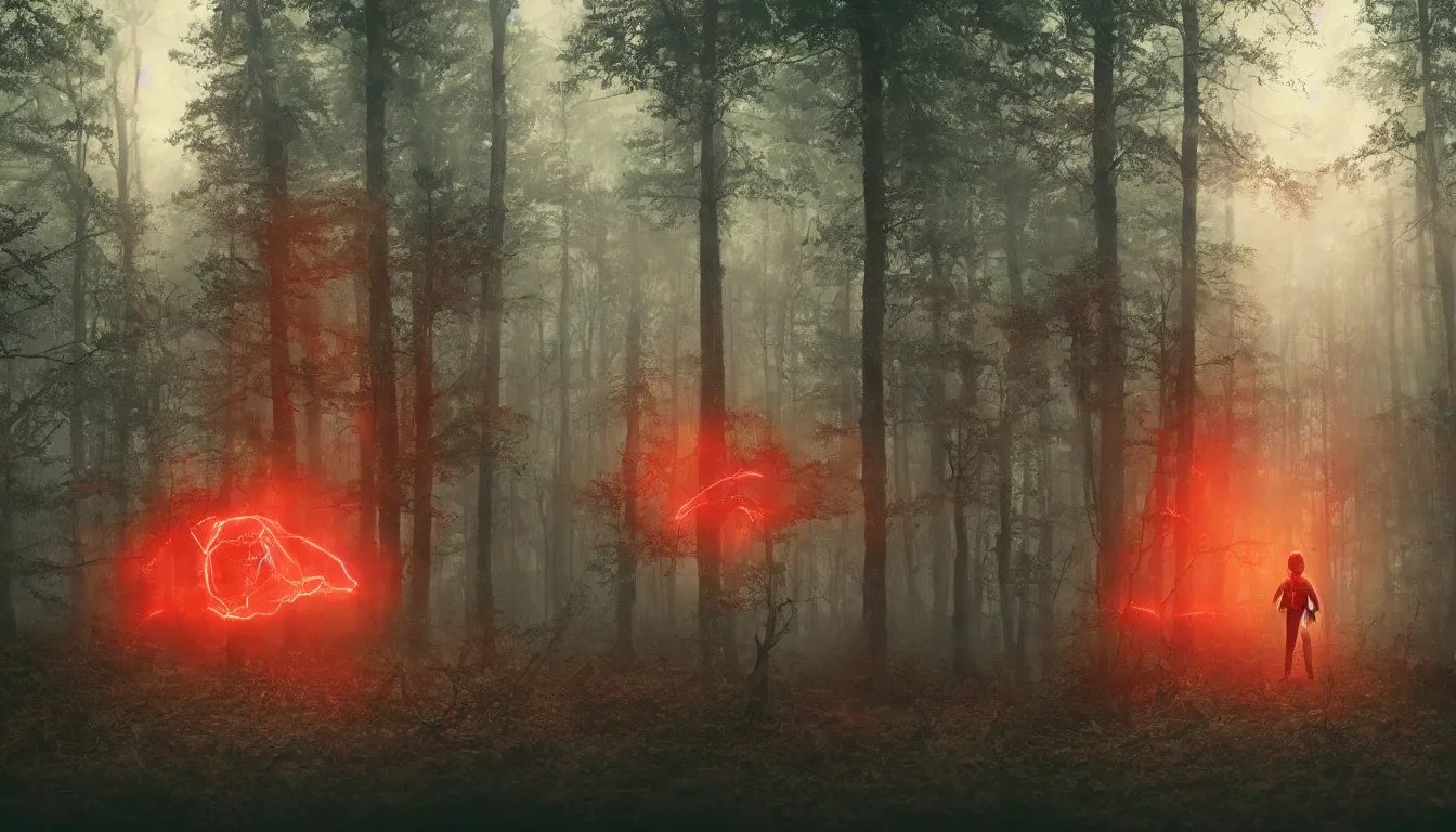 Image similar to A creature inspired by Stranger Things, in a forest, at night, red stormy sky, red lightning, horror, in a parallel dimension, realistic image, octane render, unreal engine 5, photograph by Joshua Hoffine,