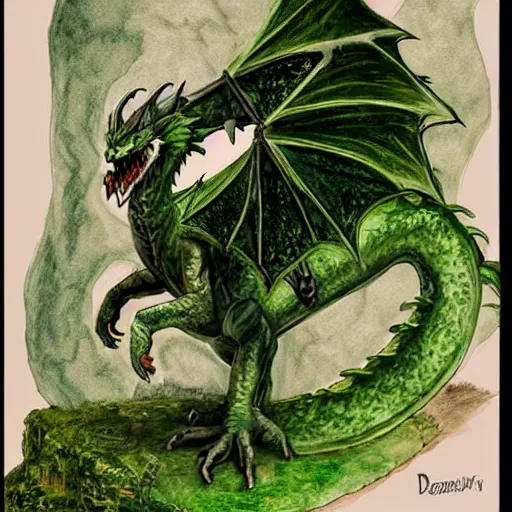 Prompt: fairy tale, painting, large green dragon, dnd, inside a castle, dark, realistic, dungeons and dragons