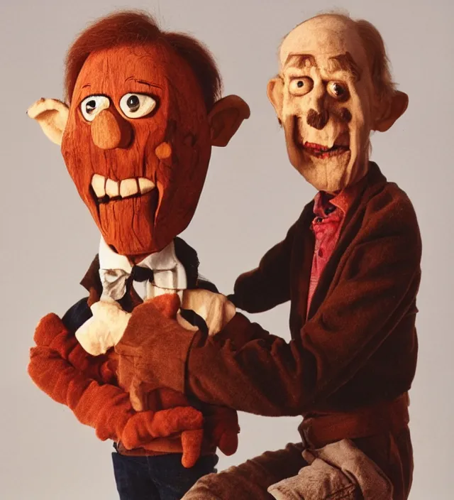 Prompt: hyper realistic old 1 9 8 0 photography of lunatic mad scared ventriloquist old man with terrific haunted wood carved puppet