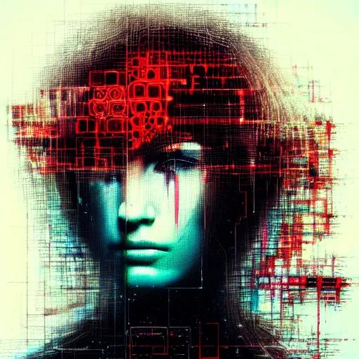 Image similar to hyperrealistic portrait of a mysterious cyberpunk woman with flowing hair, by Guy Denning, Johannes Itten, Russ Mills, glitch art, hacking effects, glitch effects, digital tech effects, cybernetics, detailed lines, holographic, chromatic, color blocking, digital painting, octane, concept art, abstract, red face, 8k, trending on cgsociety, trending on artstation