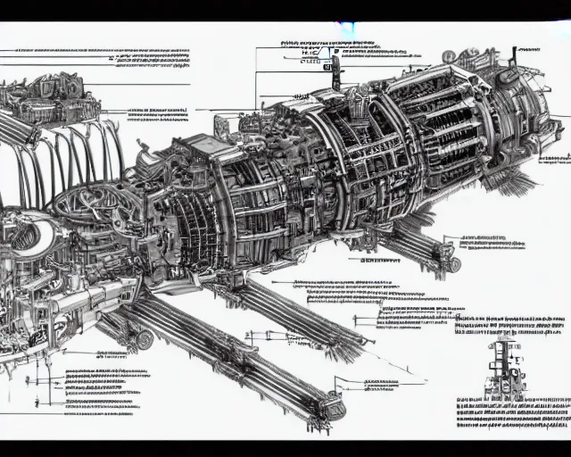 Prompt: a full page of a mechanical blueprint showing a simple cutaway design for a mechanized wolf from howl's moving castle ( 2 0 0 4 ), with people inside piloting it, muted colors, post grunge, studio ghibli, hq