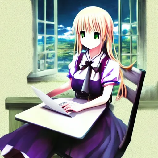 Image similar to marisa kirisame anime art, cafe, typing on laptop, touhou project