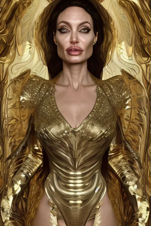 Prompt: a highly detailed 4 k render portrait of an alien goddess angelina jolie in iris van herpen dress schiaparelli armor in diamonds and lots of jewelry in style of alphonse mucha trending on artstation made in unreal engine 4