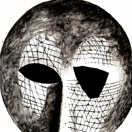 Image similar to an ink drawing of an old dilapidated drama mask, cracked, elaborate detail, shape of a circle, circular shape, white background