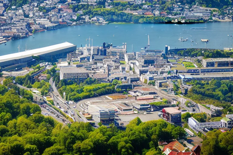 Image similar to bird's eye view photography of a small city. town hall, central farm, monorail station, beach and shipping dock. hills, woods and lake to the north.