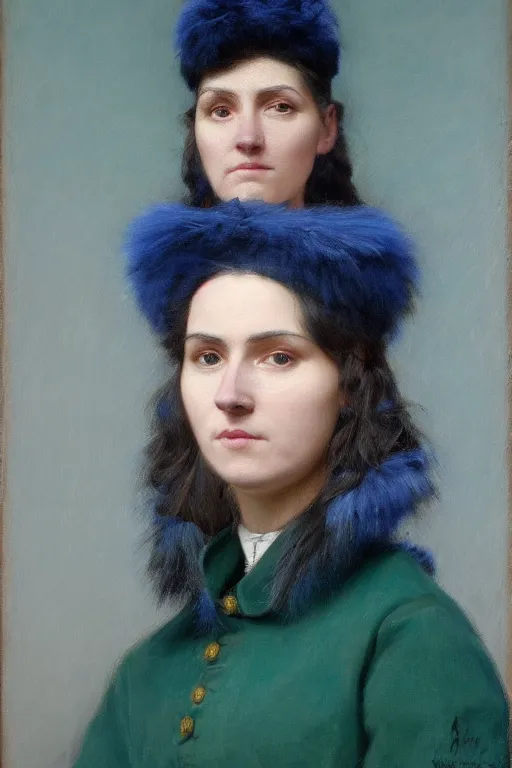 Image similar to facial portrait of the empress of the minnesota timberwolves, 1 8 8 9, in full military garb, midnight blue, aurora green, lake blue, moonlight grey, oil on canvas by william sidney mount, trending on artstation