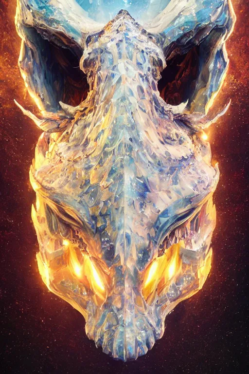 Prompt: A fancy portrait of a crystalized dragon skull by Greg Rutkowski, beeple, Sung Choi, Mitchell Mohrhauser, Maciej Kuciara, Johnson Ting, Maxim Verehin, Peter Konig, final fantasy, macro lens, 35mm, 8k photorealistic, cinematic lighting, HD, high details, dramatic, dark atmosphere, trending on artstation